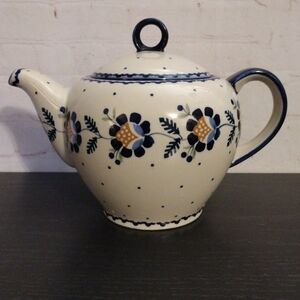 Bolesławiec Polish Pottery Tea Pot Orange & Blue Sunflower 6 Cup 1.5 Qt